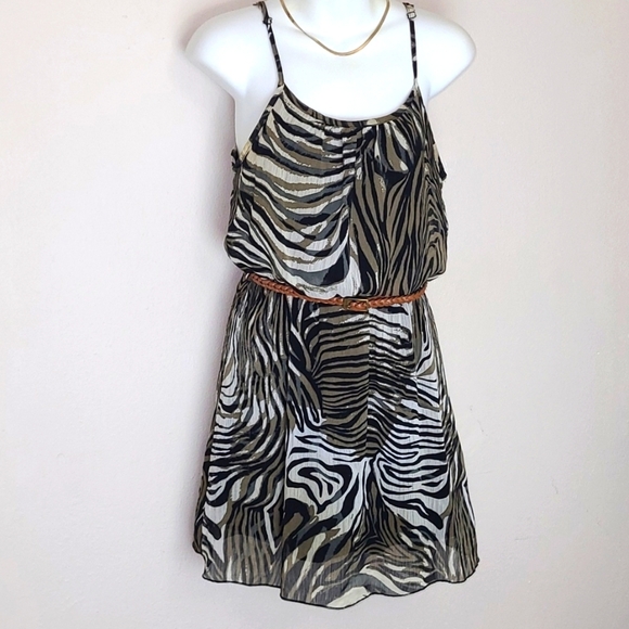 Poetry Sundress adj spaghetti straps mini jungle print taupe black white Small - Picture 1 of 3